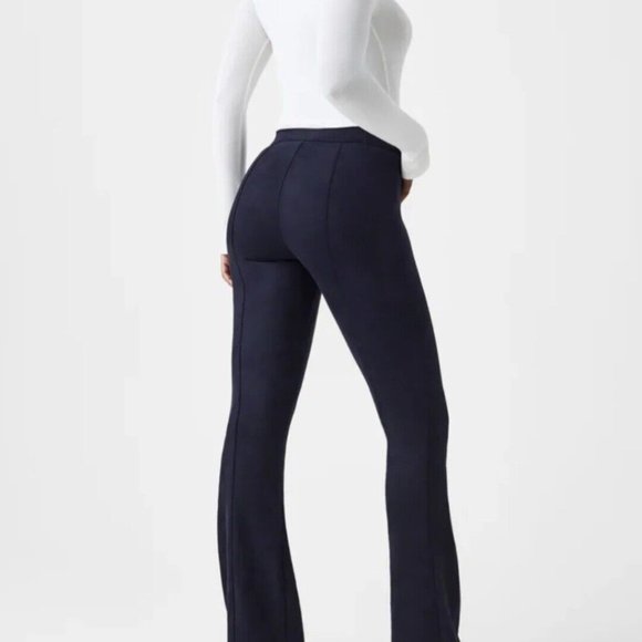 SPANX Faux Suede Flare Pants Pull On Stretchy Slimming Navy Blue Boho NWT - Picture 1 of 10